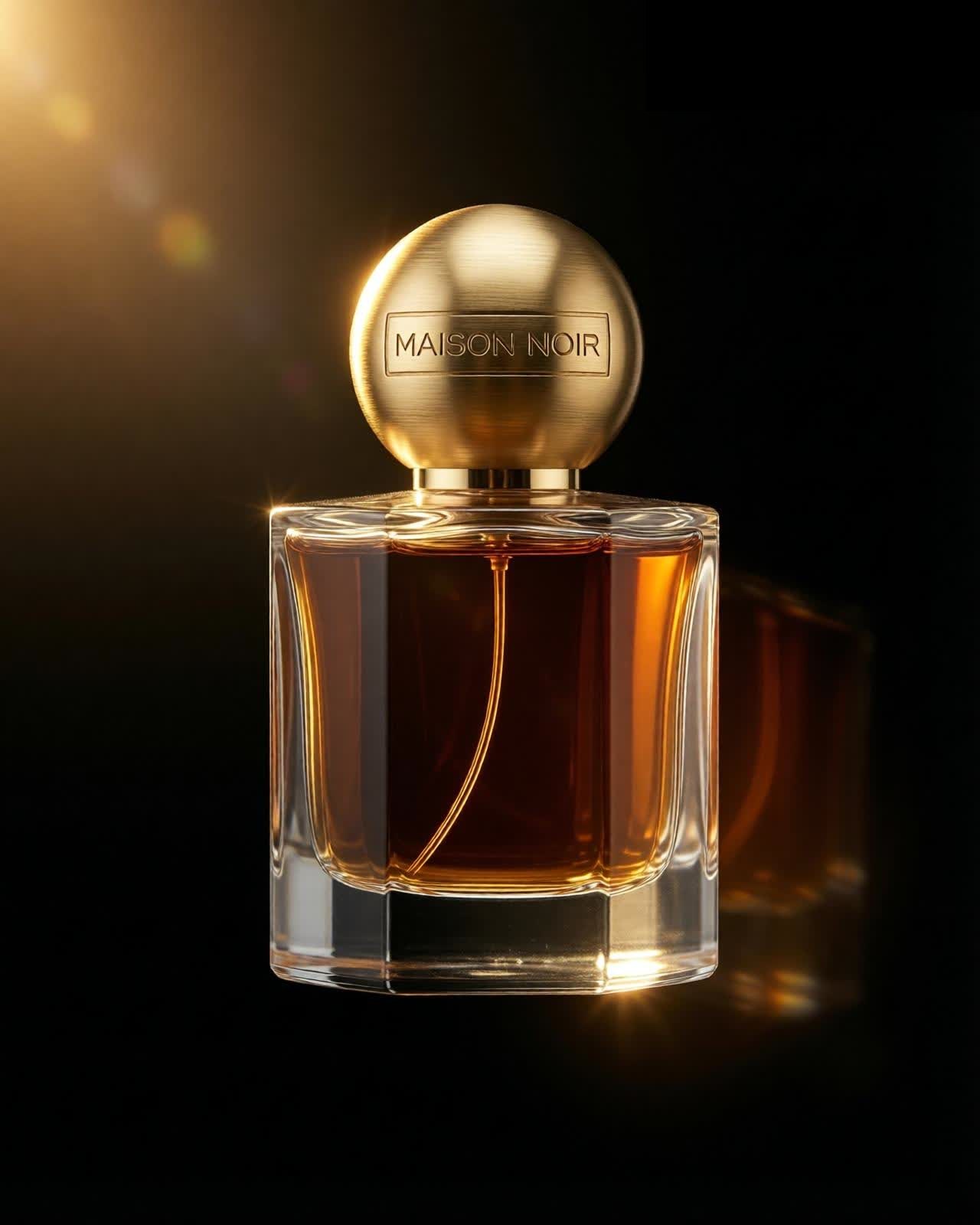 Maison Noir signature flacon — crystal bottle with gold sphere cap